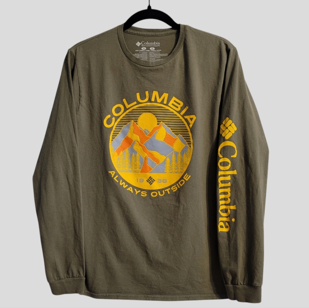 Columbia T-Shirt Tee Men's Medium Green Long-Sleeve Crewneck Spell-Out Graphics